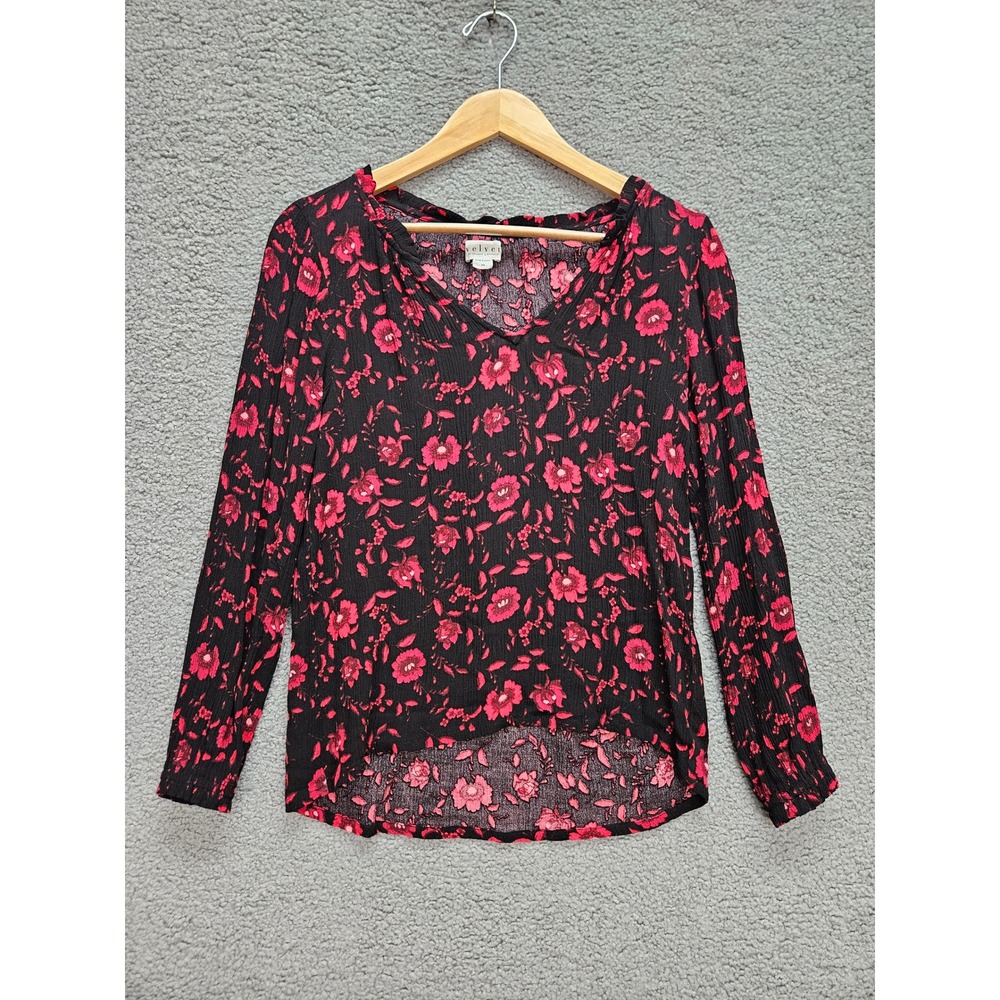 Velvet by Graham & Spencer Blouse XS Black Red Floral Boho High Low V-Neck